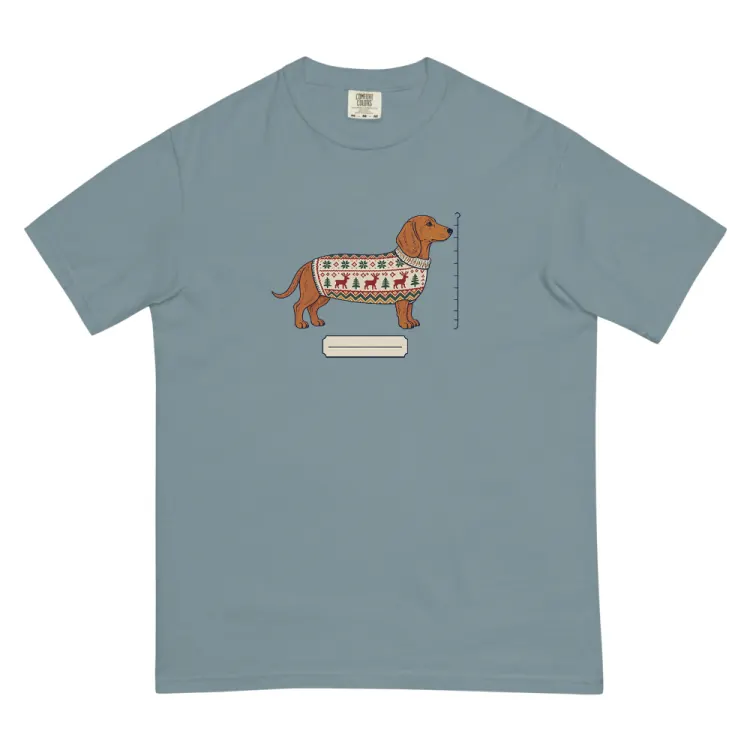 The Dachshund Christmas Sweater Tee in Ice Blue.