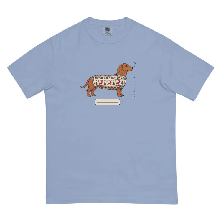 The Dachshund Christmas Sweater Tee in Washed Denim.