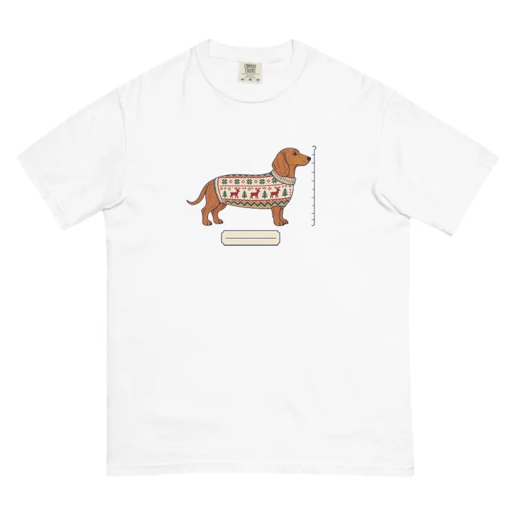 The Dachshund Christmas Sweater Tee in White.
