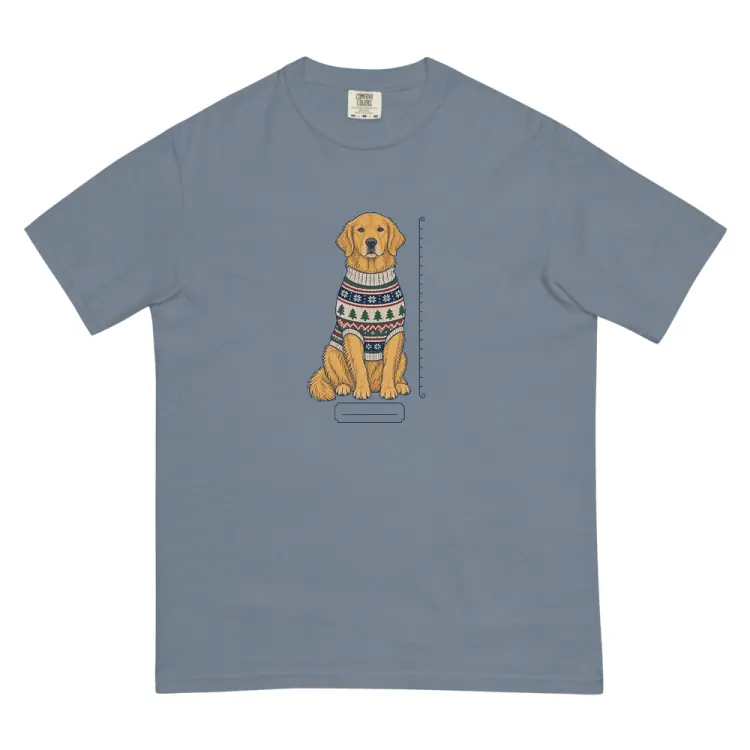 The Golden Retriever Christmas Sweater Tee in Blue Jean.