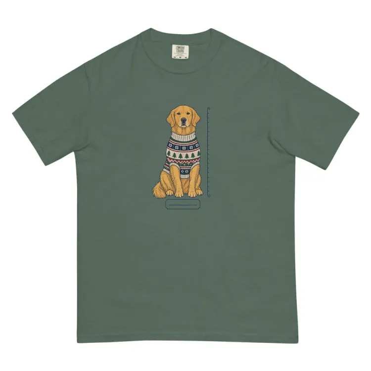 The Golden Retriever Christmas Sweater Tee in Blue Spruce.
