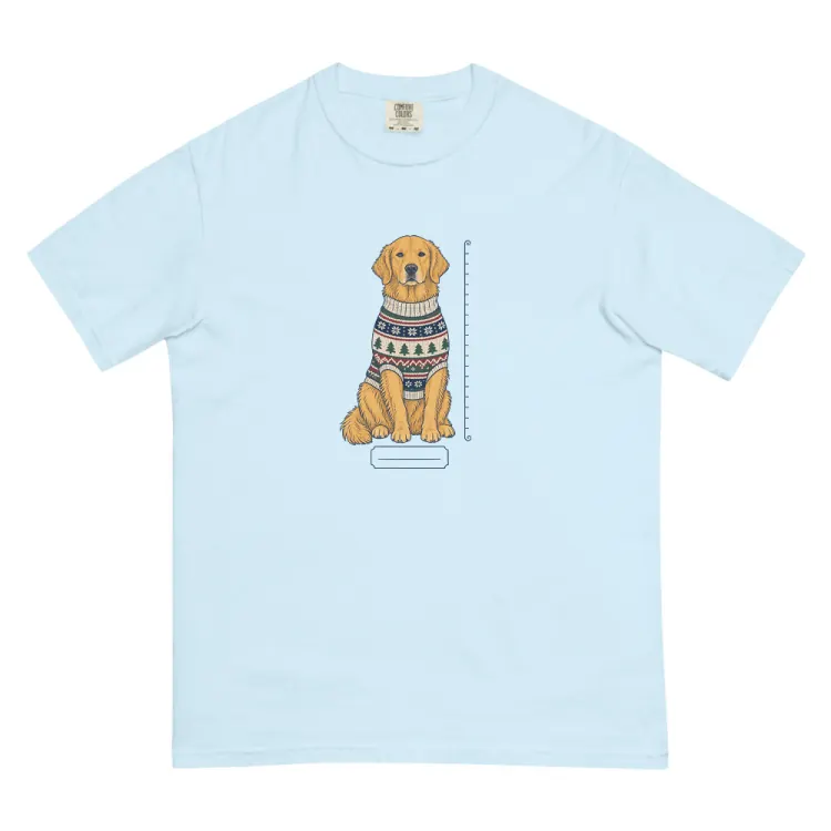 The Golden Retriever Christmas Sweater Tee in Chambray.