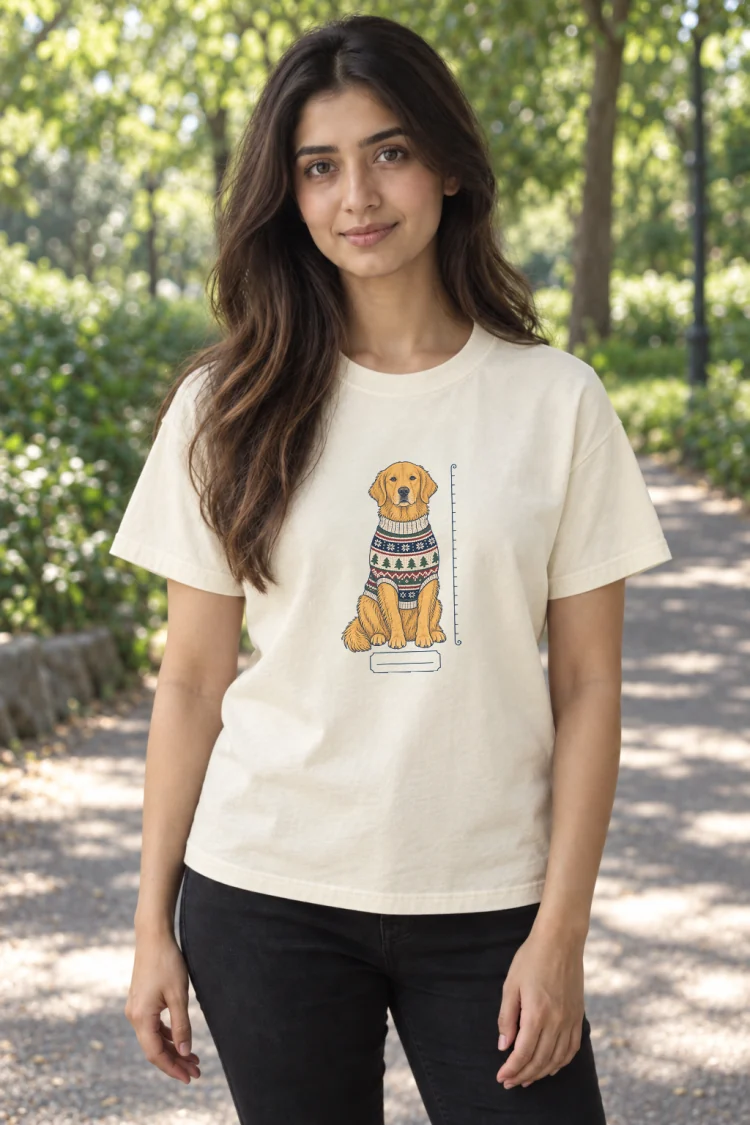 AI-generated image of a fictional model wearing the Golden Retriever Christmas Sweater Tee in Ivory, size S, at 5′3″ tall.
