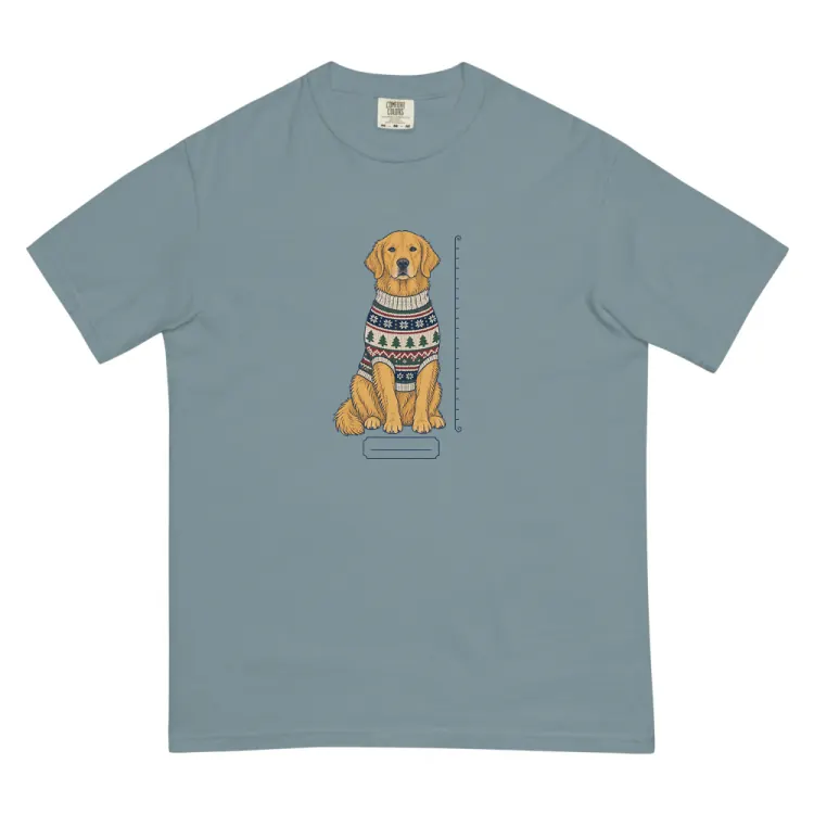 The Golden Retriever Christmas Sweater Tee in Ice Blue.