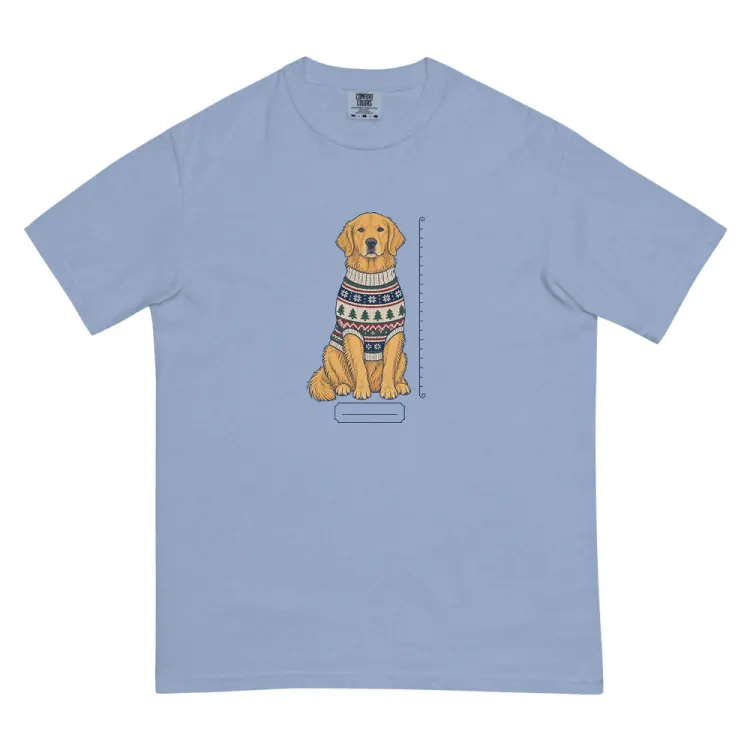 The Golden Retriever Christmas Sweater Tee in Washed Denim.