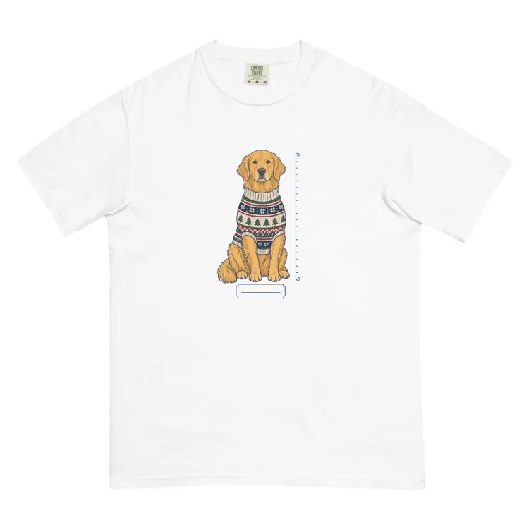 The Golden Retriever Christmas Sweater Tee in White.