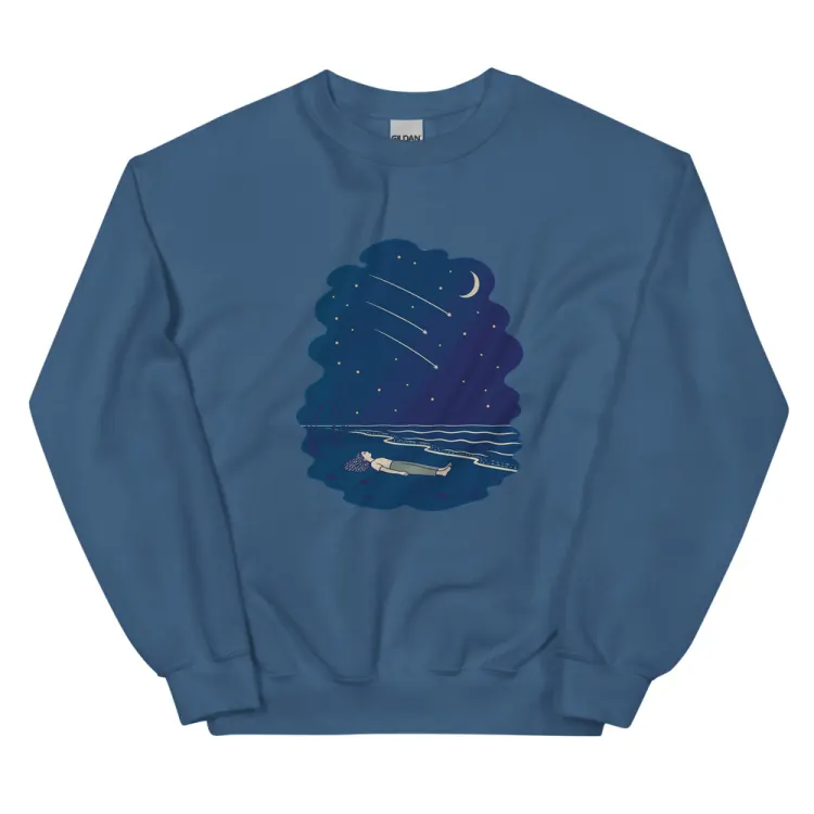 The Falling Stars Crewneck in Indigo Blue.