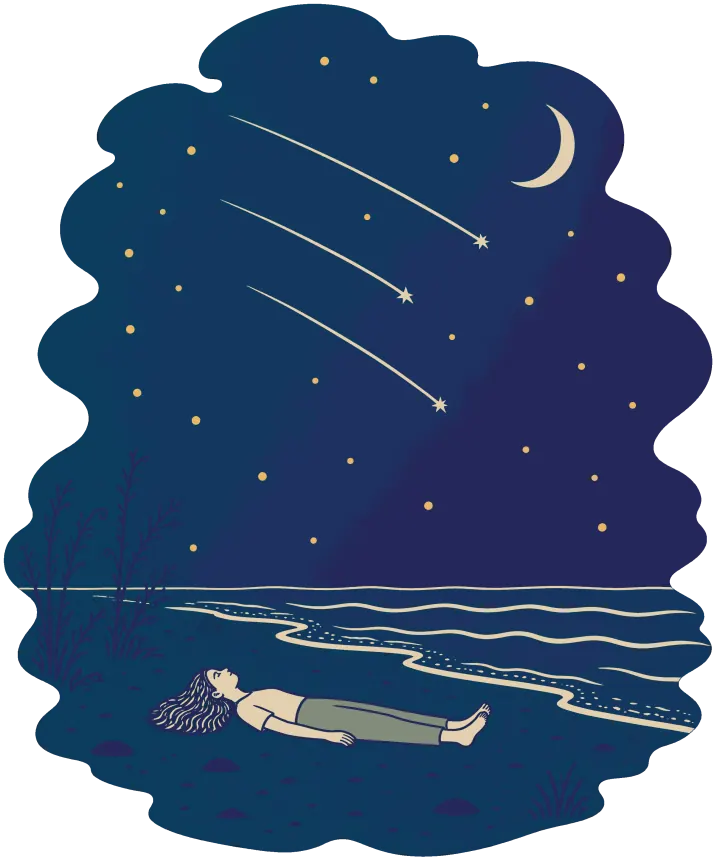 Print artwork: a small figure lying flat on their back on a dark beach at the edge of the tide, looking straight up, while three long shooting stars cross a deep blue night sky with a crescent moon. The waves are a few pale lines.