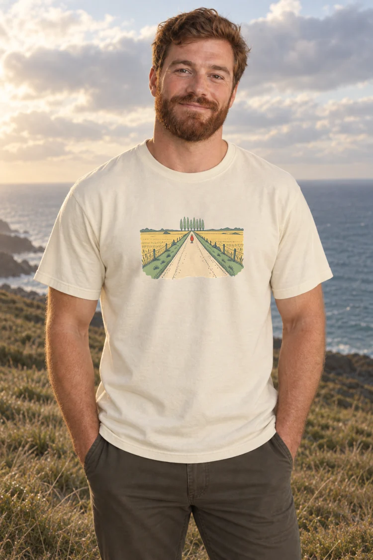 AI-generated image of a fictional model wearing the The Long Road Tee in Ivory, size L, at 6′0″ tall.
