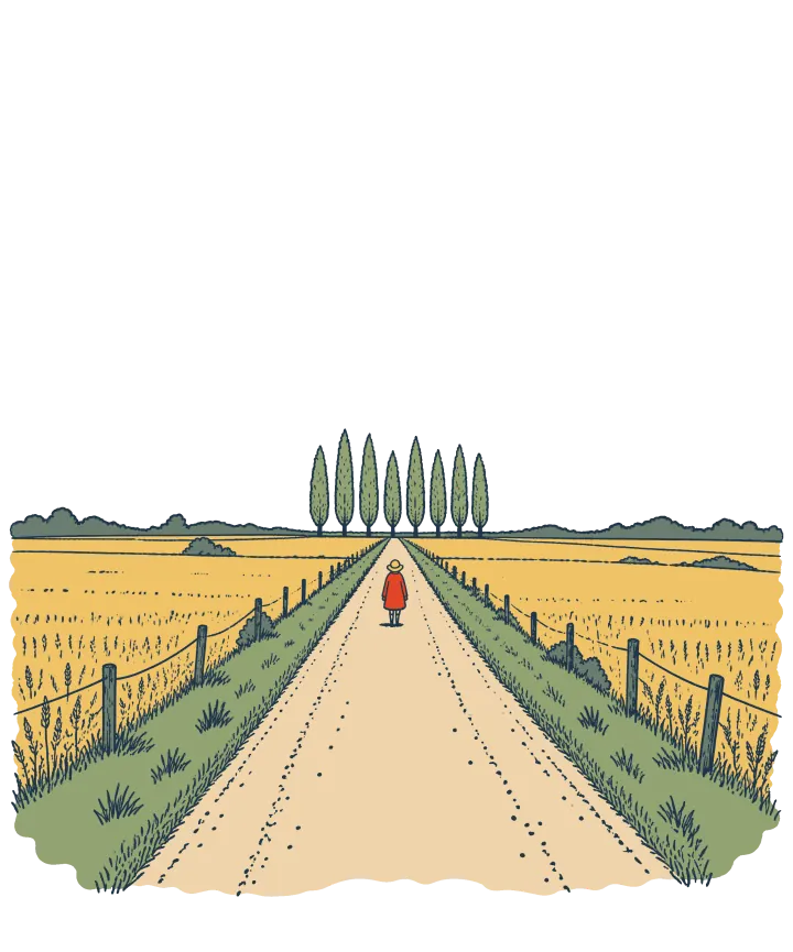 Print artwork: a long straight dirt road running between flat golden fields and fence posts toward a row of tall poplars on the horizon, with one tiny figure in a red coat walking along it.