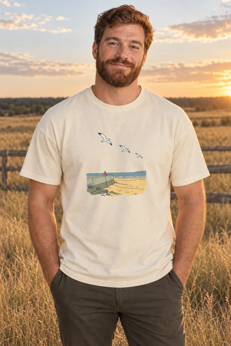 AI-generated image of a fictional model wearing the The Sea Wall Tee in Ivory, size L, at 6′0″ tall.