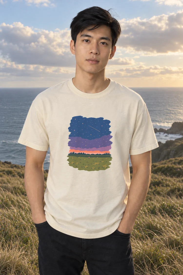 AI-generated image of a fictional model wearing the One at Night Tee in Ivory, size M, at 5′9″ tall.