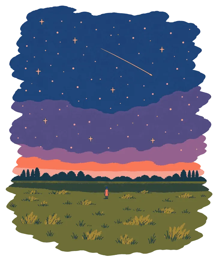 Print artwork: a wide dark blue night sky full of small stars with one long shooting star crossing it, over a flat green field edged with a low line of trees, and one tiny figure standing in the field looking up.