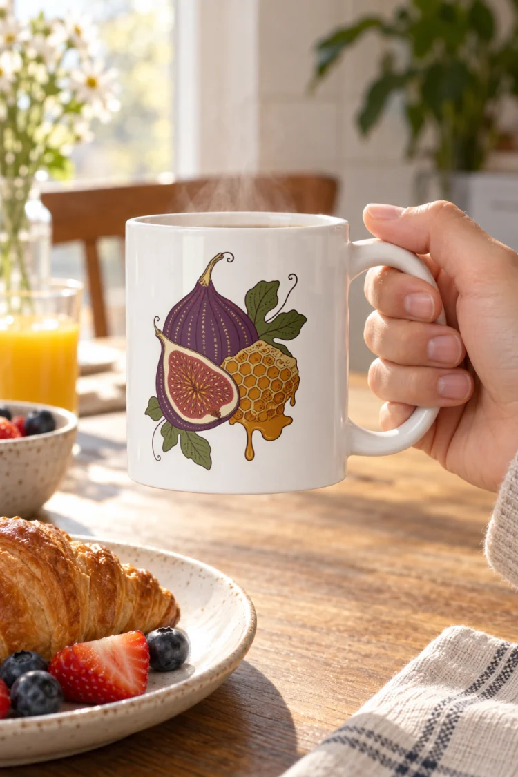 AI-generated image of the Fig & Honey Mug in White in a styled setting.