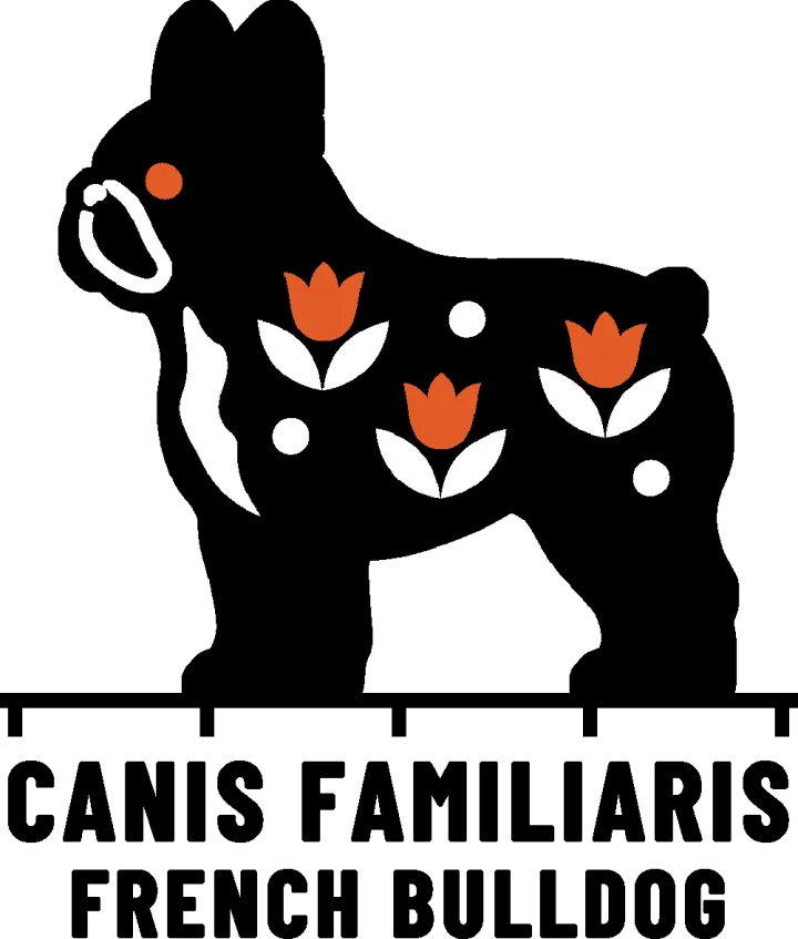 Embroidery artwork: a black French bulldog standing in side profile, facing left, its big bat ears up. The dog is one solid black shape with a white patch on its chest, and its body carries three orange tulips on white leaves and three white dots. It stands on a black measuring rule over the words CANIS FAMILIARIS and FRENCH BULLDOG.