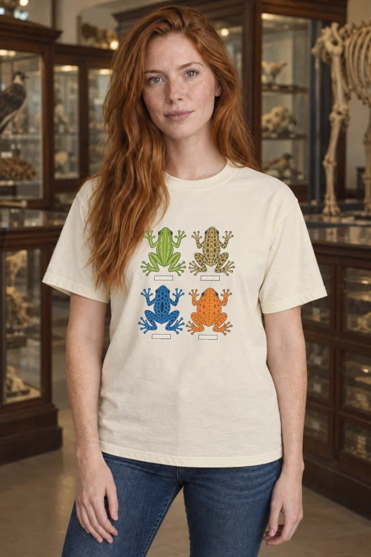 AI-generated image of a fictional model wearing the Four Frogs Tee in Ivory, size S, at 5′6″ tall.