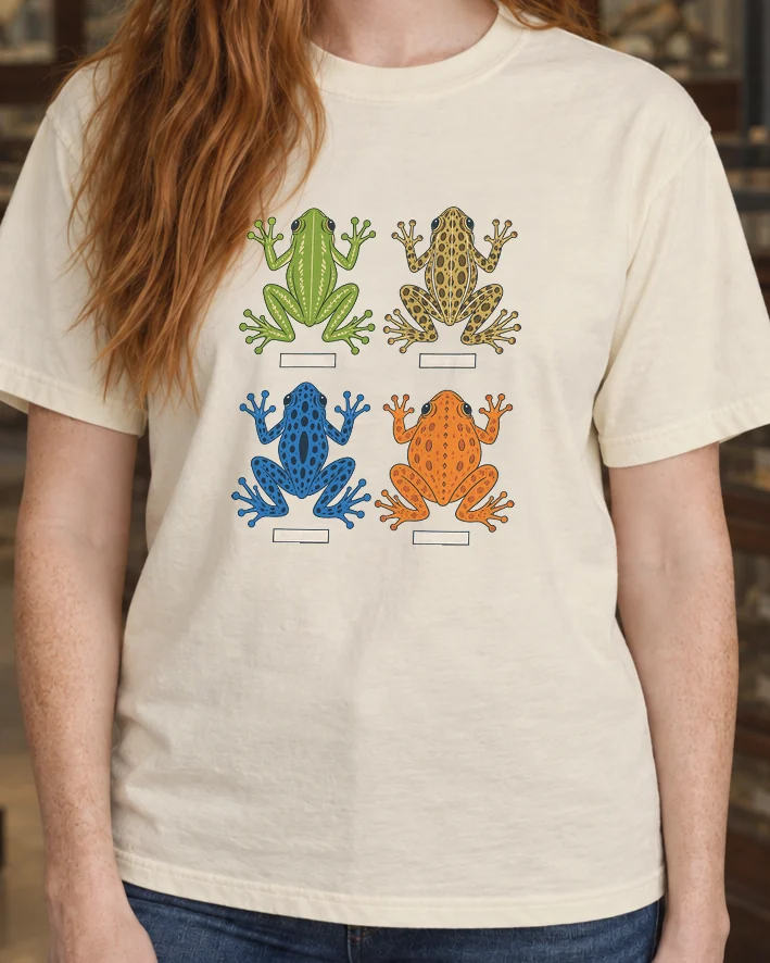 AI-generated image of a fictional model wearing the Four Frogs Tee in Ivory, size S, at 5′6″ tall, cropped to the print.