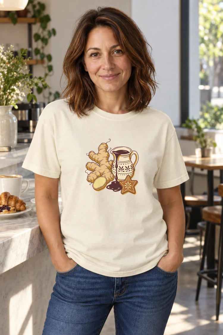 AI-generated image of a fictional model wearing the Ginger & Molasses Tee in Ivory, size M, at 5′4″ tall.