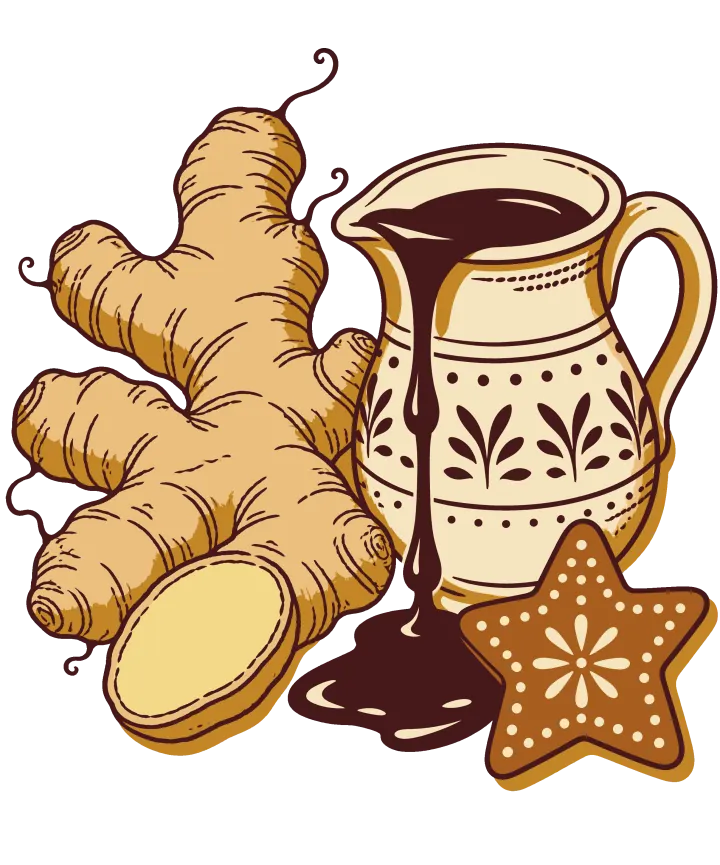 Print artwork: a knob of fresh ginger root with one round slice cut, a cream jug with a leaf and dot pattern pouring a thick thread of dark molasses into a puddle, and a gingerbread star cookie with white icing dots.