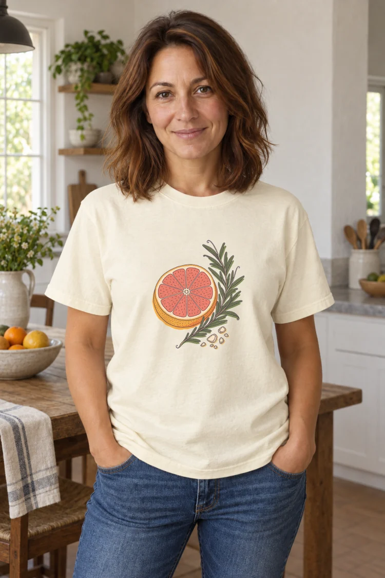 AI-generated image of a fictional model wearing the Grapefruit & Rosemary Tee in Ivory, size M, at 5′4″ tall.