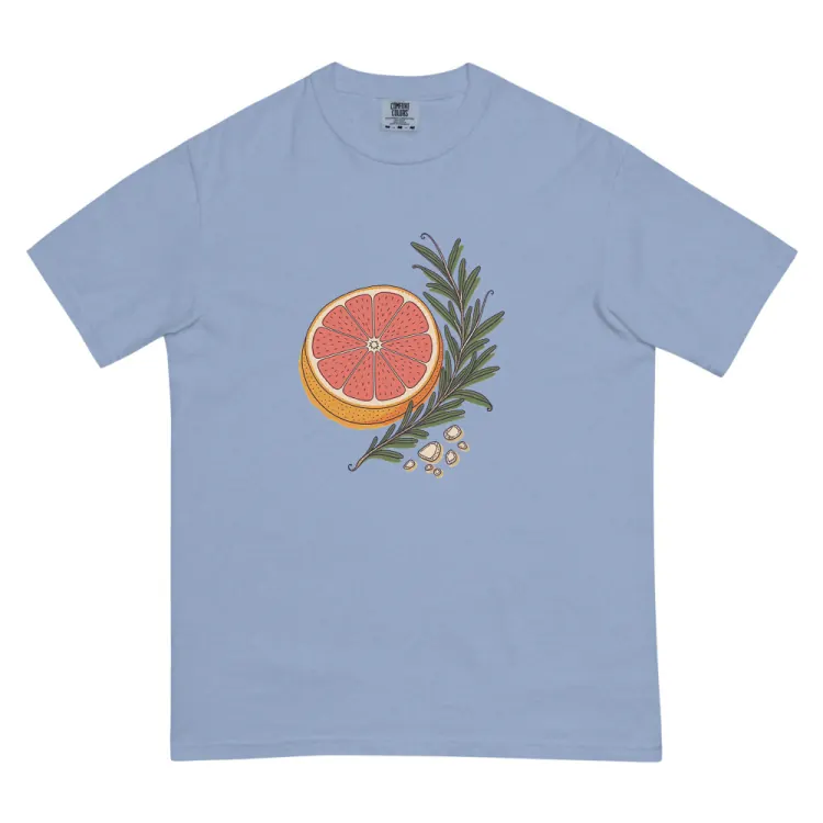 The Grapefruit & Rosemary Tee in Washed Denim.