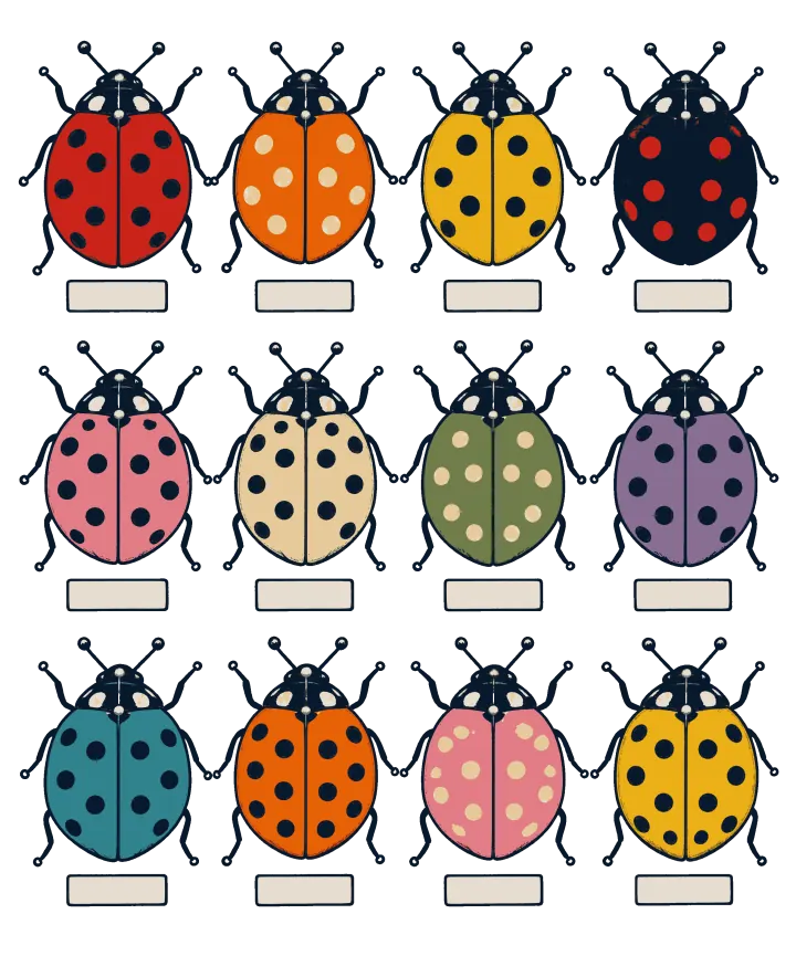 Print artwork: twelve ladybugs seen from above in three rows of four, each over a blank label: red, orange, yellow, black with red spots, pink, cream, olive, violet and teal, every one covered in round spots so the whole plate reads as polka dots.