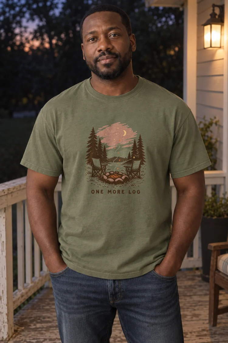AI-generated image of a fictional model wearing the One More Log Tee in Moss, size L, at 6′1″ tall.