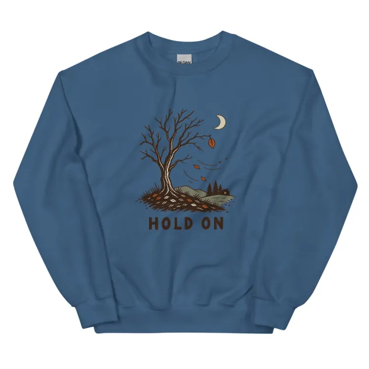 The Hold On Crewneck in Indigo Blue.