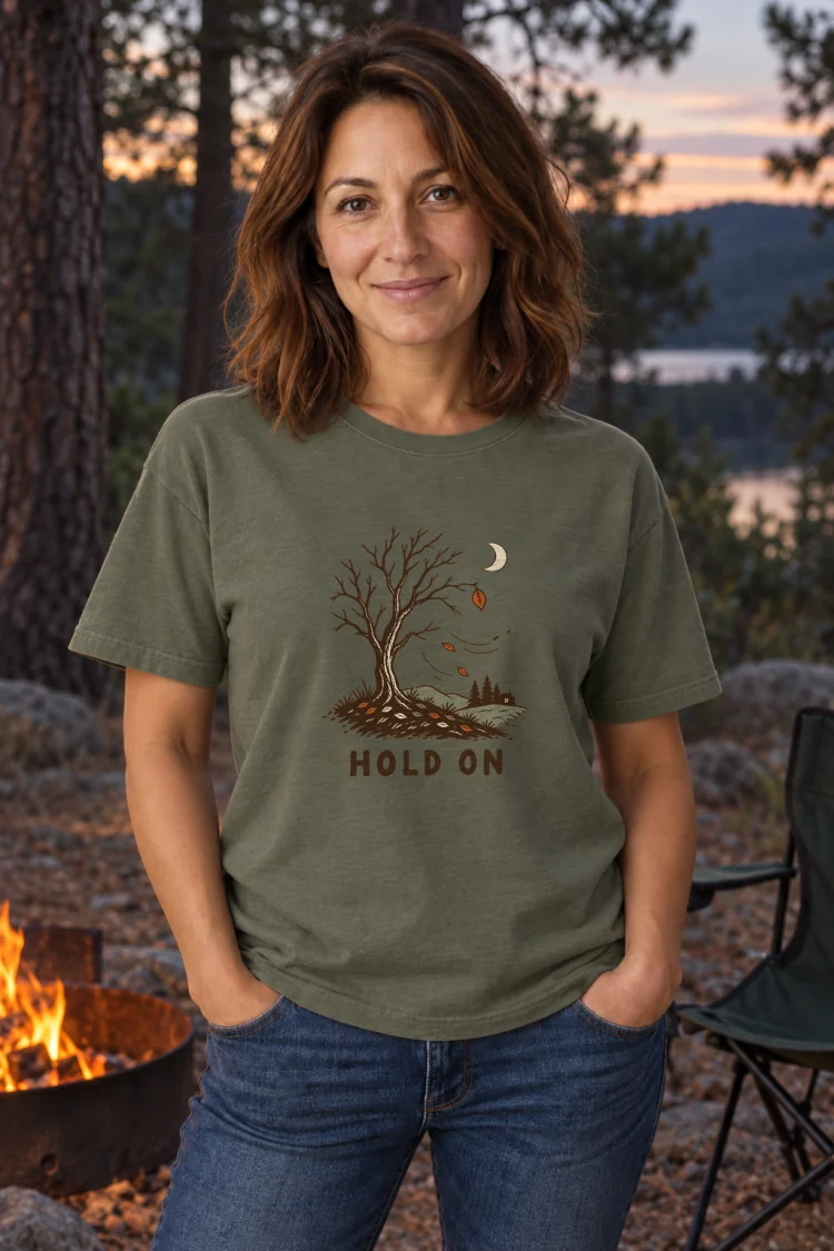 AI-generated image of a fictional model wearing the Hold On Tee in Moss, size M, at 5′4″ tall.