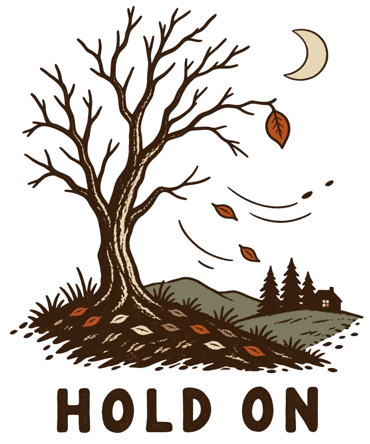 Print artwork: a bare tree on a small rise at night with one red leaf still hanging from a branch, while a few others blow away on the wind. A crescent moon is in the corner, and fallen leaves lie at the roots. Behind it, pines and a small house sit on the hill. Below, in large brown capitals: Hold on.