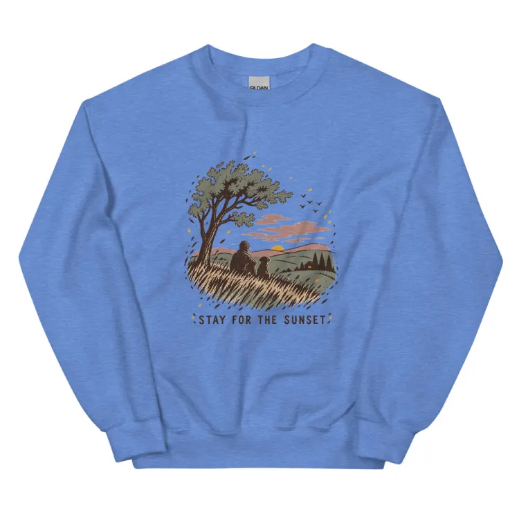 The Stay for the Sunset Crewneck in Heather Deep Royal.