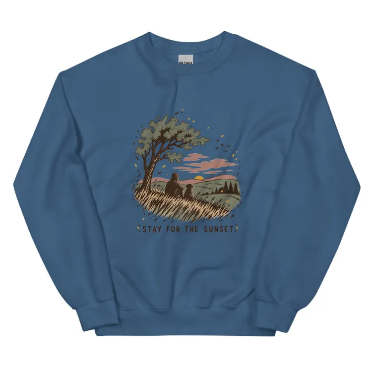 The Stay for the Sunset Crewneck in Indigo Blue.