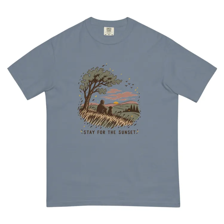 The Stay for the Sunset Tee in Blue Jean.