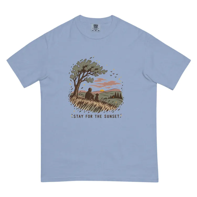 The Stay for the Sunset Tee in Washed Denim.