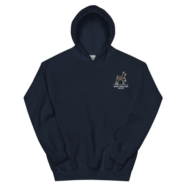 The Miniature Pinscher Embroidered Hoodie in Navy.