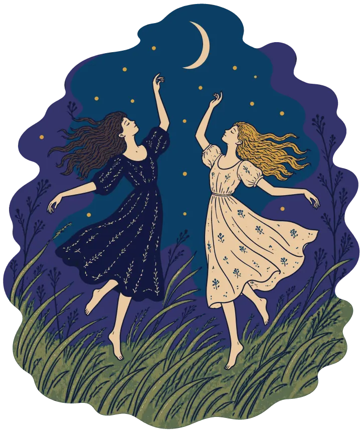 Print artwork: two women dancing barefoot in tall windblown grass at night, arms raised, long hair lifting, one in a dark navy dress and one in a pale peach dress with small blue flowers. A thin crescent moon and stars are above them on a deep blue and purple sky, all inside a soft wavy edge.