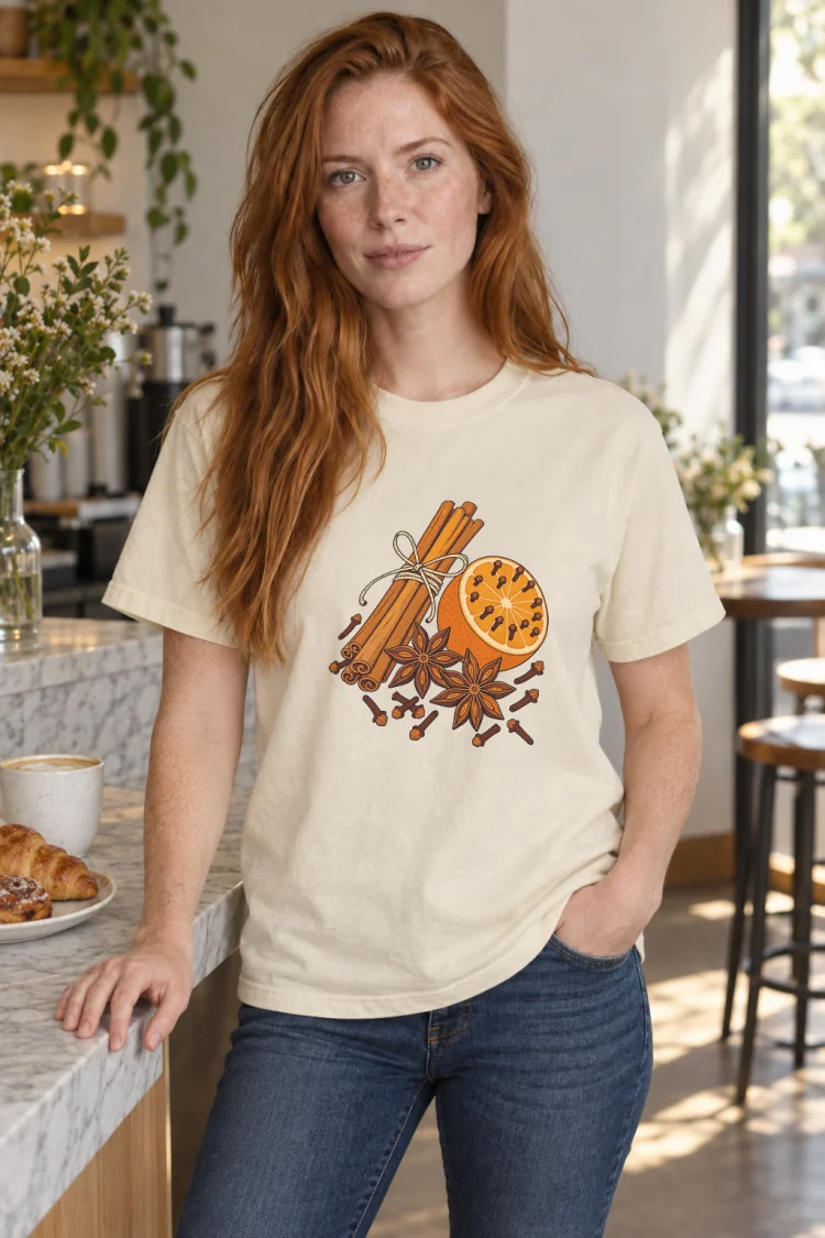 AI-generated image of a fictional model wearing the Clove & Cinnamon Tee in Ivory, size S, at 5′6″ tall.