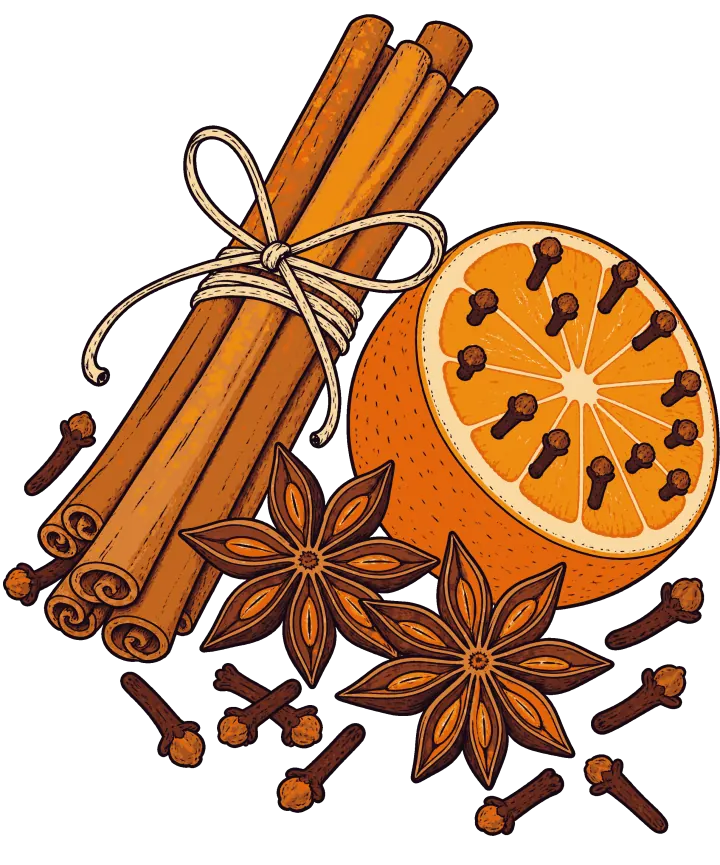 Print artwork: a bundle of cinnamon sticks tied with string in a bow, half an orange studded with cloves, two star anise and a scatter of whole cloves.