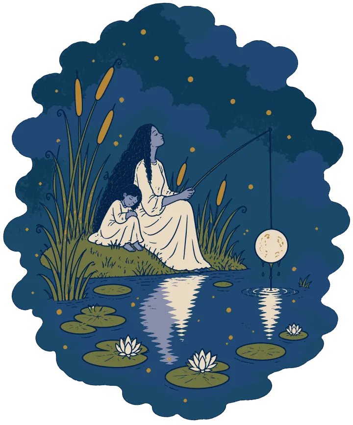 Print artwork: a woman with long dark wavy hair, in a long cream nightgown, sits on the grassy bank of a pond at night with her eyes closed and her face tipped up, holding a thin fishing rod. On the end of the line hangs a round pale moon, dripping, lifted out of the water. A small child in a cream nightgown sleeps against her side. Cattails, lily pads with white water lilies and gold fireflies surround the pond under a dark blue cloudy sky with no moon in it.
