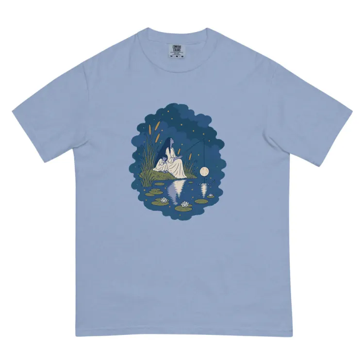 The Fishing for the Moon Tee in Washed Denim.