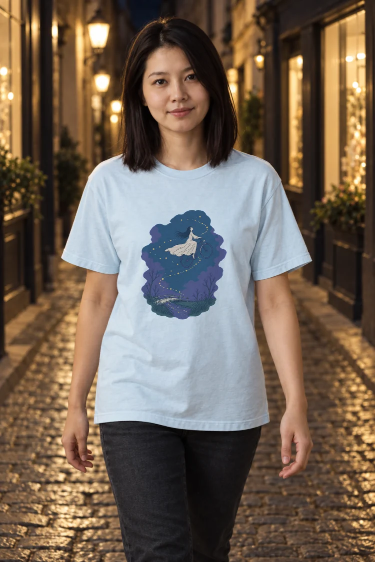 AI-generated image of a fictional model wearing the Night Cyclist Tee in Chambray, size M, at 5′3″ tall.