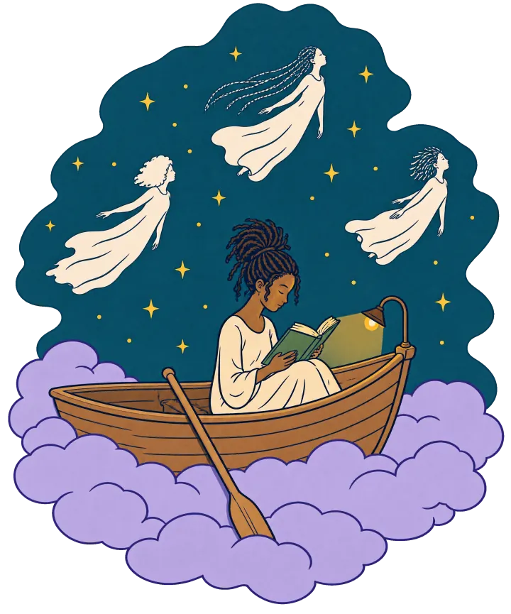 Print artwork: a woman with her locs piled on her head, in a long cream nightgown, reads a green book in a small wooden rowboat resting on lilac clouds, with a clip lamp on the bow lighting her page in warm yellow and one oar dipped into the clouds. Above her, three pale wispy spirits in long white gowns float past through a teal sky full of gold stars, one with a round afro, one with long braids streaming and one with short locs.