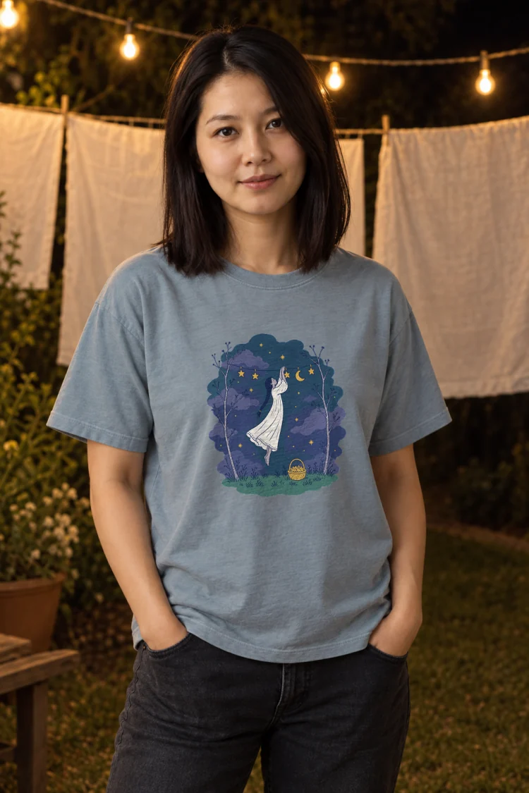 AI-generated image of a fictional model wearing the Hanging the Stars Tee in Ice Blue, size M, at 5′3″ tall.