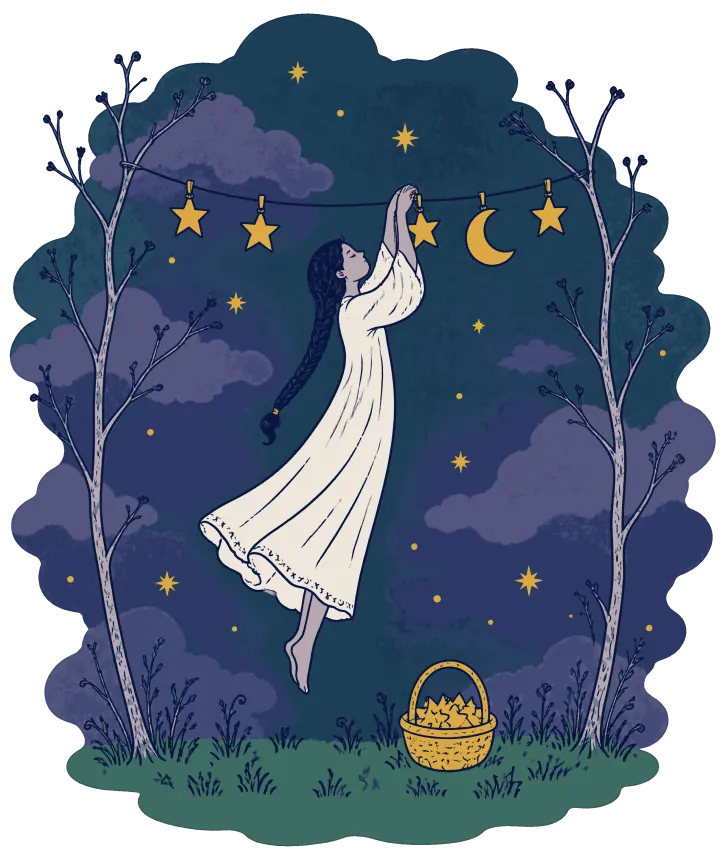 Print artwork: a woman with a long dark braid, in a long cream nightgown with a patterned hem, floats up on bare tiptoes above the grass to peg a gold star onto a washing line strung between two bare saplings. The line already holds a few gold stars and a crescent moon, each on a gold peg, and a woven basket full of stars sits in the grass below. Lavender clouds and small gold stars fill the dark night sky.