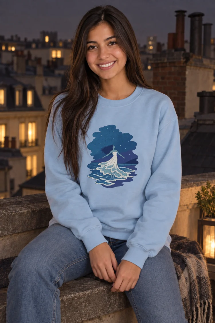 AI-generated image of a fictional model wearing the The Tide Dancer Crewneck in Light Blue, size S, at 5′4″ tall.