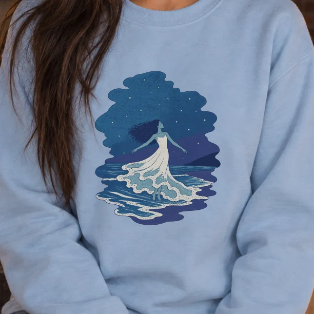 AI-generated image of a fictional model wearing the The Tide Dancer Crewneck in Light Blue, size S, at 5′4″ tall, cropped to the print.