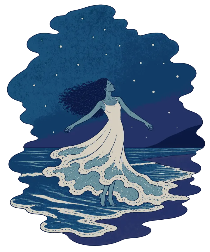 Print artwork: a woman with long dark curls blowing out to one side, in a pale slip dress, dances barefoot alone at the edge of the sea at night with her arms open and her eyes closed. From the knees down her skirt turns into the incoming tide, waves and cream foam running out across the dark sand. Pale stars dot the deep blue sky and a dark headland sits in the distance.