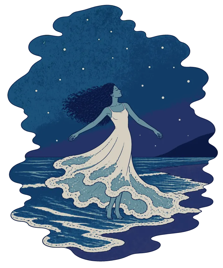 Print artwork: a woman with long dark curls blowing out to one side, in a pale slip dress, dances barefoot alone at the edge of the sea at night with her arms open and her eyes closed. From the knees down her skirt turns into the incoming tide, waves and cream foam running out across the dark sand. Pale stars dot the deep blue sky and a dark headland sits in the distance.