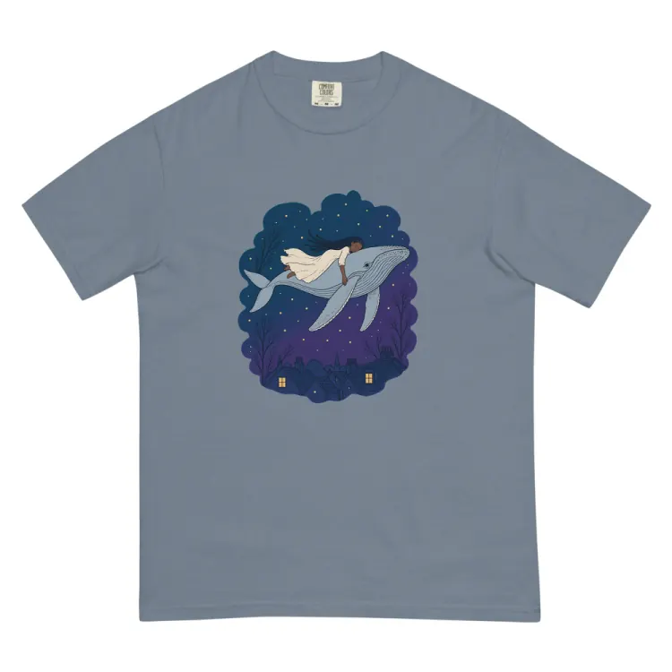 The Whale Over the Rooftops Tee in Blue Jean.