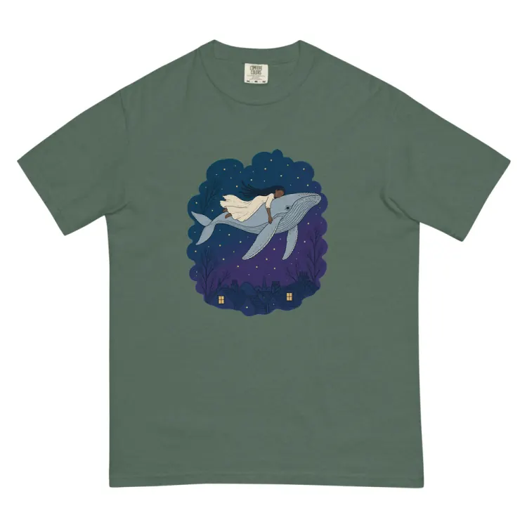 The Whale Over the Rooftops Tee in Blue Spruce.
